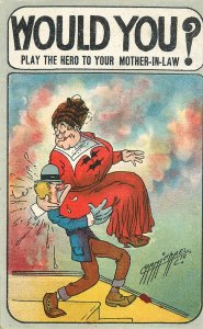 C-1910 Would you play the hero man carrying Mother not happy Postcard 22-11414