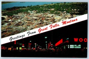 Great Falls Montana MT Postcard Greetings Aerial View Night Scene Multiview 1960