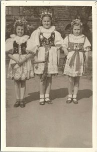 Three European Girls in Traditional Costume Dresses Real Photo Postcard U2