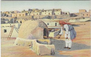 1930's/40's Pueblo Indian Woman Baking Bread Linen Postcard