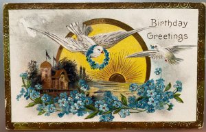 Vintage Victorian Postcard 1913 Birthday Greetings - Sunrise with Dove