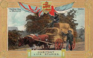 HAULING HAY TO MARKET FARMING QUEBEC CANADA PATRIOTIC POSTCARD (c. 1910)