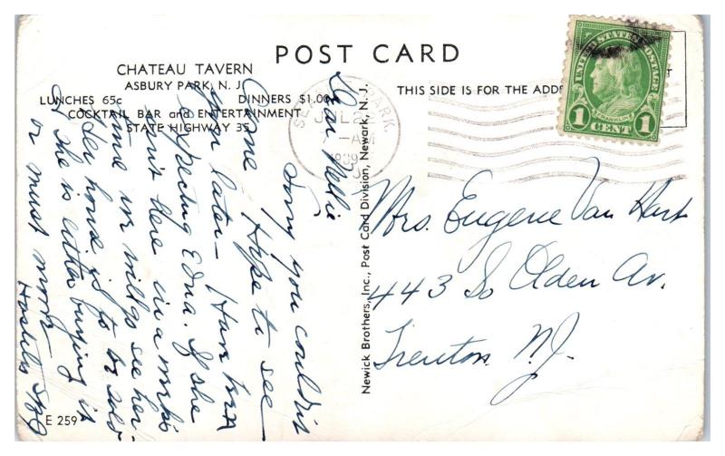 1939 Chateau Tavern, Asbury, NJ Postcard