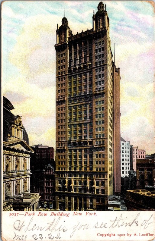 VINTAGE POSTCARD 1902 IMAGE OF PARK ROW BUILDING NEW YORK CITY (MAILED 1907)