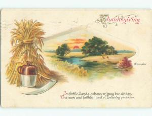 Pre-Linen thanksgiving signed ALEINMULLER - SCYTHE & HAYSTACK & OLD JUG k8917