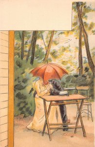 Love Romance Couple Kissing under Umbrella in Garden vintage postcard C327