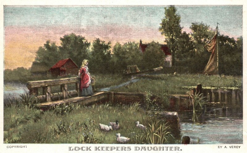 Vintage Postcard Lock Keeper's Daughter Farmland Ducks Pond Lake Grass