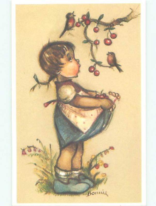 foreign Pre-1980 signed GIRL COLLECT CHERRIES FROM THE TREE AC6799