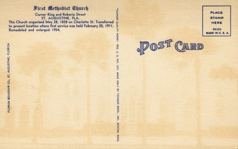 USA First Methodist Church St Augustine Florida Linen Postcard 03.70