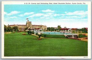Punta Gorda Florida 1940s Postcard Lawns & Swimming Pool Hotel Charlotte Harbor