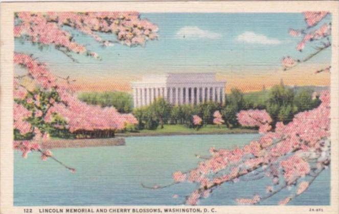 Flowers Lincoln Memorial and Cherry Blossoms Washington D C 1940 Curteich