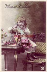 RPPC - VOEUX DE BONHEUR - young child on the telephone - 1910