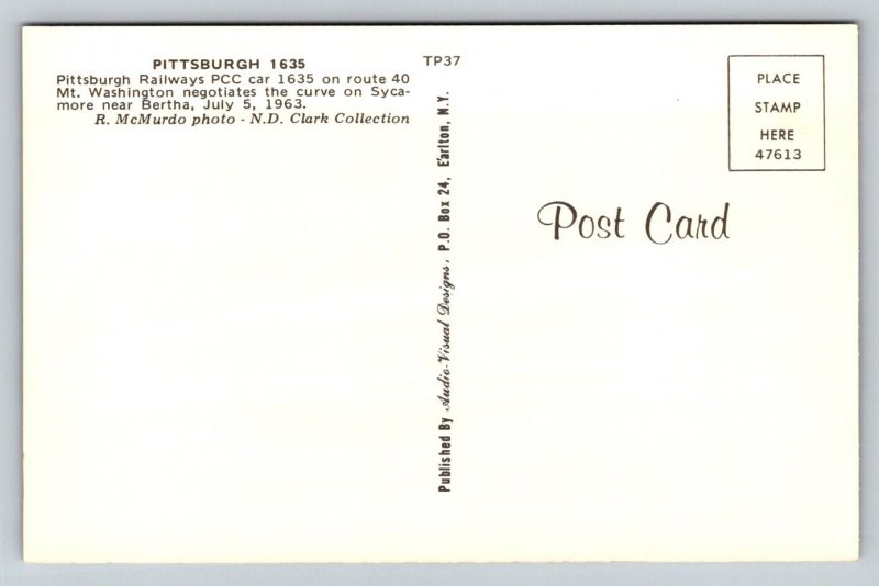 Pittsburgh #1635 Trolley  Railway Railroad Car  Postcard