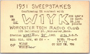 1951 QSL Radio Card W1YK Worcester Tech Amateur Radio Station Posted Postcard