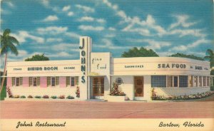 Linen Postcard; John's Restaurant, Bartow FL Streamline Building w Glass Bricks