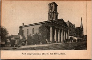 Postcard MA Fall River First Congregational Church Clock Tower Buggy 1905 H19