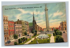 Vintage 1952 Postcard Mount Vernon Place Washington Monument Baltimore Maryland