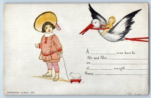 c1910's Stork Baby Birth Announcement Child Boy Grace Harlow Antique Postcard