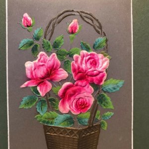 Circa 1907-15 Velvet Embossed Pink Roses in Basket German made Postcard 