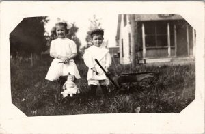 Children & Toys Tall Grass Farmhouse Girl Doll Boy Wagon RPPC c1910 Postcard Y18