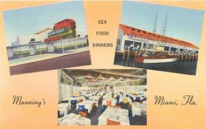 Postcard 1940s Florida Miami Manning's Restaurant Interior Linen  23-13546