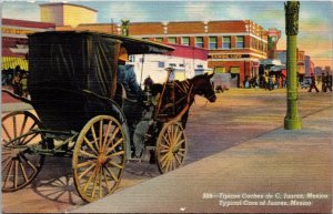 Vtg Typical Cars of Juarez Mexico Horse Drawn Carraige 1940s Linen View Postcard