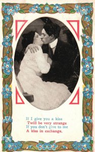 Vintage Postcard 1913 Lovers Kiss Couples Strange Kiss Romance Flower Border