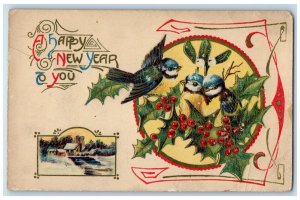 c1910's New Year Song Birds Holly Berries Houses Indianapolis IN Gel Postcard 