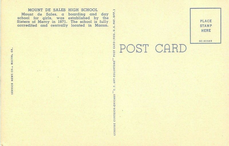 Mount de Sales High School Postcard, Macon, Georgia, Linen