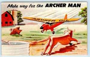 ARCHER OIL Comic Advertising Archer Man AIRPLANE COW ca 1950s  Postcard