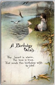 1918 A Birthday Wish Baby Girl Bird In The Ocean Greetings Posted Postcard