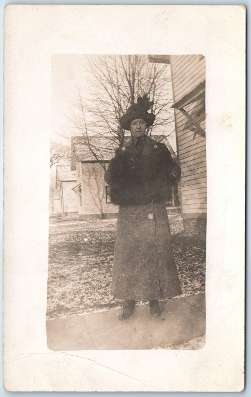 1910s Classy Lady Outdoors House RPPC Huge Fur Hand Warmer Woman Real Photo A261