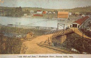 OLD MILL & DAM MUSKINGUM RIVER DUNCAN FALLS OHIO POSTCARD (c. 1950s)