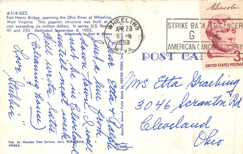 Wheeling West Virginia 1959 Postcard Fort Henry Bridge