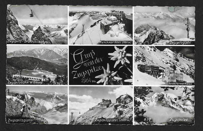 Gruss von der Zugspitze multi-view RPPC fancy cancel used c1956