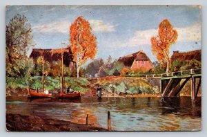 Boat on the Water with People in Autumn Scene with Bridge Vintage Postcard 0980
