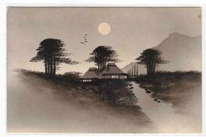 Village Houses in Moonlight Japan Lacquer postcard