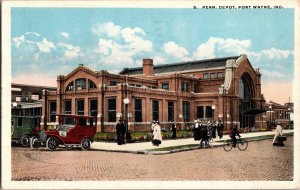 Penn Train Depot Cars Bicycle Fort Wayne Indiana IN 1910s Postcard KJ2