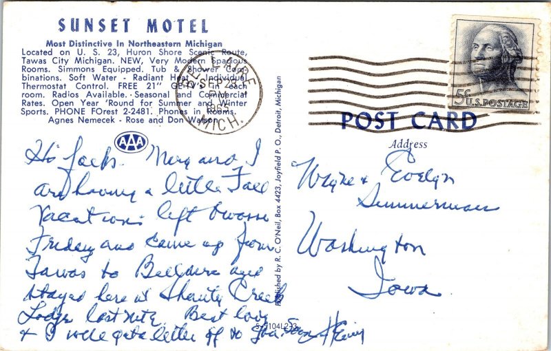 Postcard MI Tawas City Sunset Motel Route 23 AAA Roadside Huron Lake 1965 V183