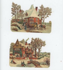 1880's Mica Lot Of 2 Lovely Winter Town Lot Victorian Die Cut Trade Card #6TE