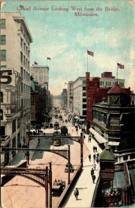 Grand Avenue from Bridge, Milwaukee, Wisconsin Postcard Coke, street cars 1913