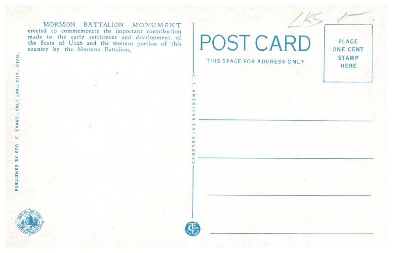 Mormon Battalion Monument Utah State Capitol Grounds Vintage Postcard