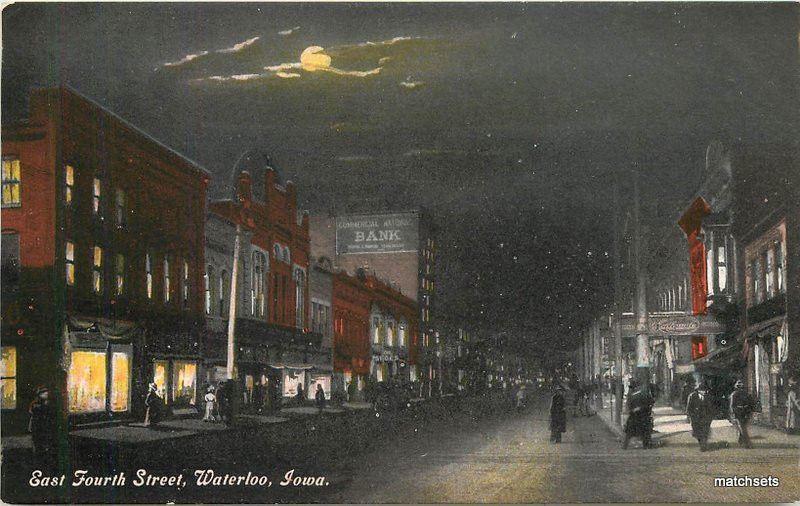 C-1915 WATERLOO IOWA East 4th Street Night postcard 522