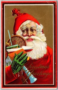 Santa Claus w/ Presents Merry Christmas Embossed Red Suit Vintage Postcard 1911