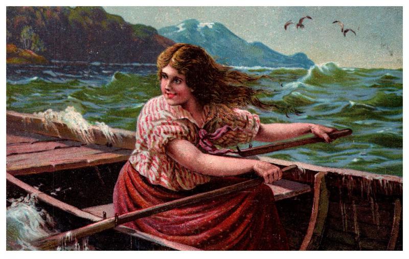 Greek woman rowing a skiff