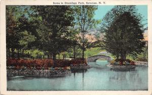 Syracuse New York~Onondaga Park Scene~Stone Arch Bridge over Water~Island~1920s