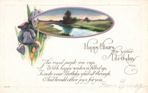 Happy Hours For Your Birthday Landscape Garden Lake Greetings Vintage Postcard