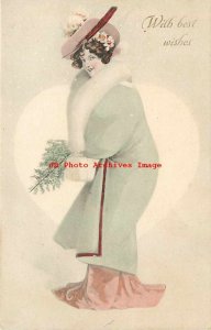 Unknown Artist, Unknown No 2123, Woman in Green Coat Holds Small Christmas Tree