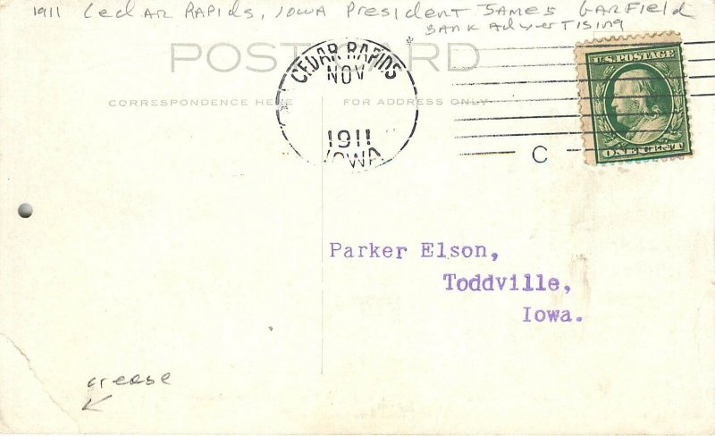 Cedar Rapids Iowa 1911 President Garfield Bank Advertising Postcard 24-7710