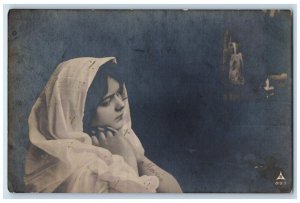 c1910's Pretty Woman White Scarf Latvia Russia RPPC Photo Antique Postcard 